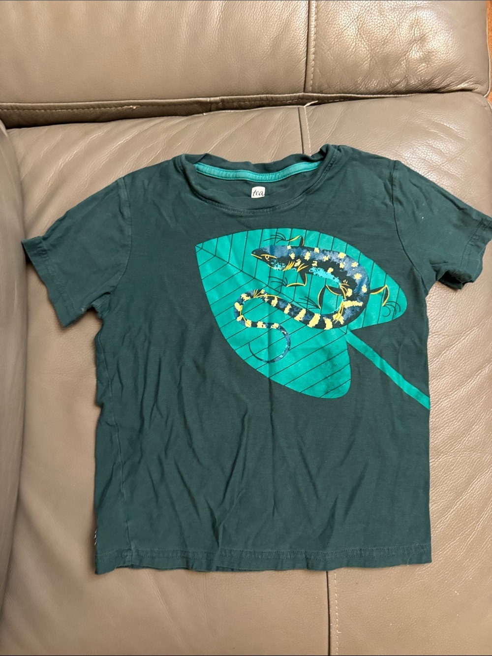 Tea Collection Dark Green Tee with Turquoise Leaf & Yellow Amphibian size 7